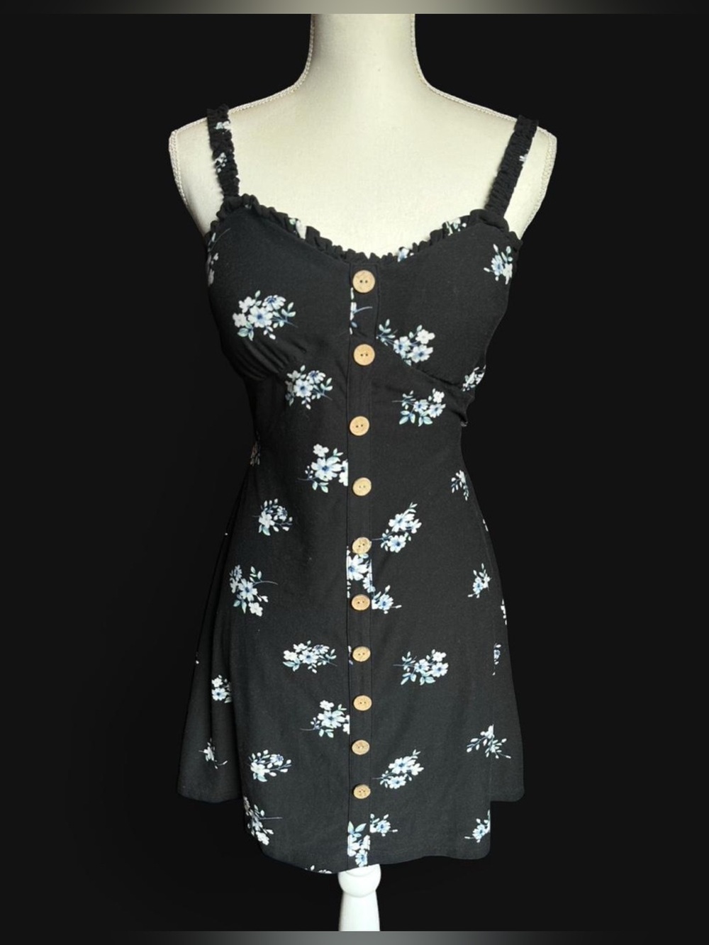 Summer Floral Button-Front Slip Dress - Black with White Floral